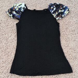 L.A.M.B Black Top with Patterned Ruffled Sleeves